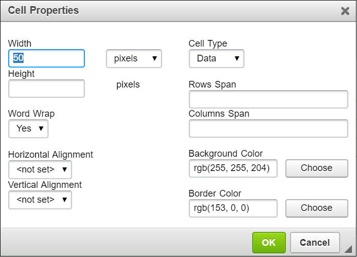 Cell properties dialogue box